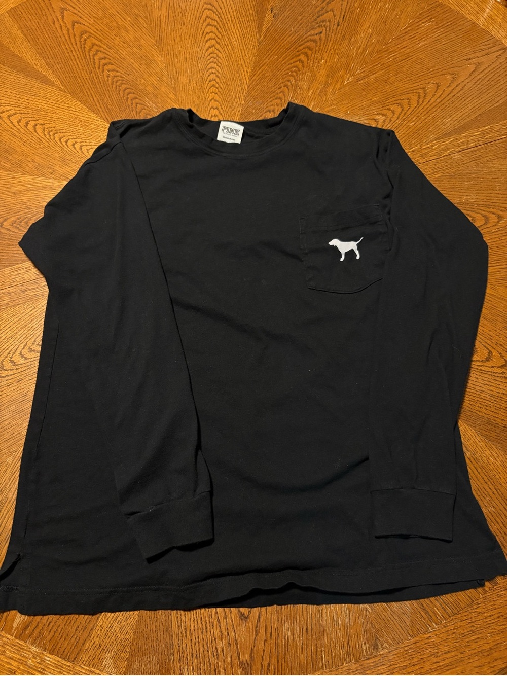 PINK Victoria's Secret Black Long-Sleeve Pocket Tee with White Dog Logo